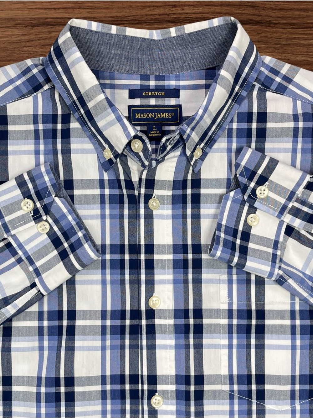 Mason James Blue & White Plaid Long Sleeve Dress Shirt. Size Large